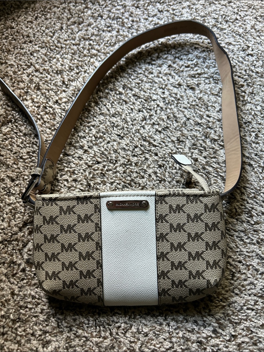 Michael Kors Tan Monogram Crossbody with White Center Stripe